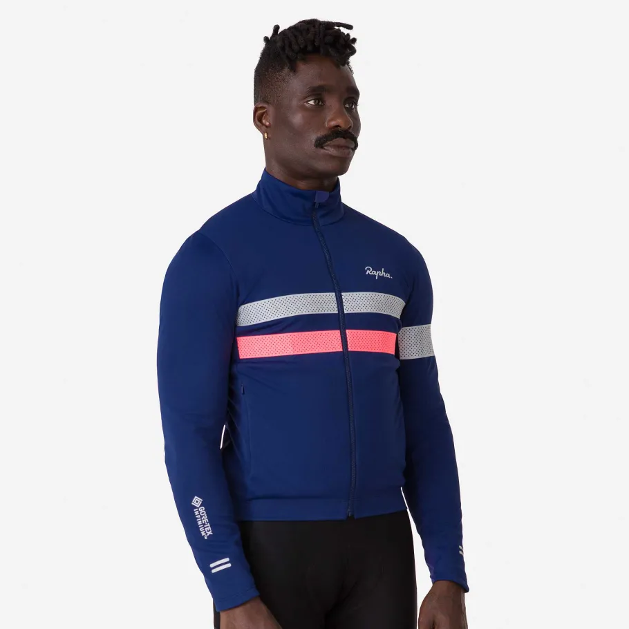 Best Sale Rapha Men'S Brevet Long Sleeve Gore-Tex Infinium Jersey Navy/Hi-Vis Pink