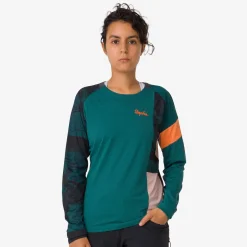 New Rapha Women'S Printed Trail Long Sleeve Technical T-Shirt Blue Green/Scarlet Ibis