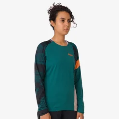 New Rapha Women'S Printed Trail Long Sleeve Technical T-Shirt Blue Green/Scarlet Ibis