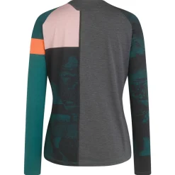 New Rapha Women'S Printed Trail Long Sleeve Technical T-Shirt Blue Green/Scarlet Ibis